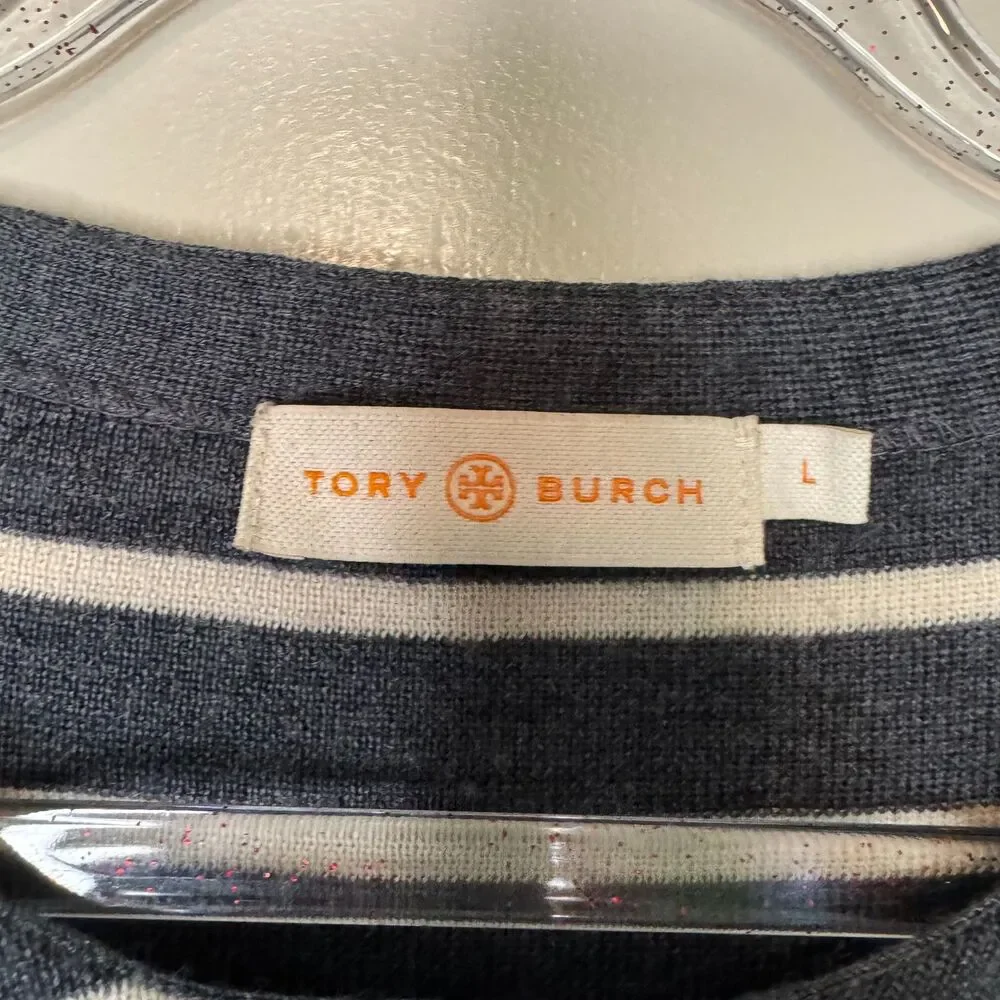 TORY BURCH women's size large L 100% merino wool striped pullover tunic sweater